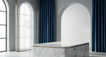 A rectangular white marble counter with a golden trim is positioned in a sophisticated space, featuring bold blue velvet curtains, arched doorways, and a frosted glass panel with a subtle floral emblem.の素材