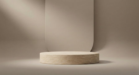 A sophisticated studio setting featuring a cylindrical, light beige concrete pedestal centered against a minimalist, rounded-top panel backdrop, creating a chic product display.の素材