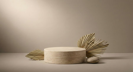 A cylindrical travertine pedestal is flanked by dried fan palm leaves and a smooth pebble stone, set against a warm beige background with soft, natural lighting.の素材