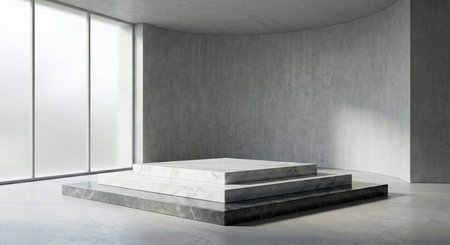 A three-tiered marble pedestal, featuring dark and light marble, sits in a modern concrete room with a curved wall and a large window, bathed in soft, diffused light.の素材