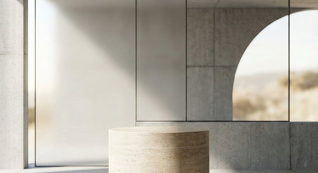 A textured travertine cylindrical podium sits amidst a contemporary architectural space featuring concrete walls, frosted glass panels, and a distinctive arched window opening to an outdoor view.の素材