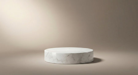 A solitary white marble cylindrical podium stands on a smooth beige surface, illuminated by a gentle spotlight from above, ideal for upscale product presentation.の素材
