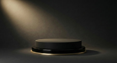 A sophisticated black cylindrical product display stand featuring a metallic gold ring at its base, bathed in a soft spotlight against a dark, textured background.の素材