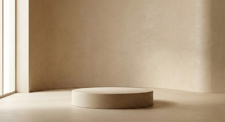A beige cylindrical pedestal positioned in a minimalist architectural space with a gently curved wall and natural light streaming from a window. Creates a serene ambiance.の素材