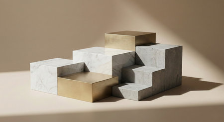 A creative arrangement of tiered display platforms featuring a striking combination of polished white marble, brushed gold, and textured concrete under soft lighting.の素材
