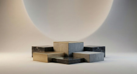 A cluster of geometric podiums featuring concrete, gold, and dark marble textures, arranged in an abstract, multi-level composition against a soft, gradient background.の素材