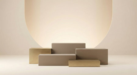A minimalist product display featuring a composition of rectangular pedestals in metallic gold and matte taupe, arranged against a warm, light beige background with a subtle, glowing curved arch.の素材