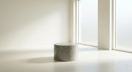 A minimalist interior space featuring a solitary cylindrical concrete plinth, bathed in soft natural light from large frosted windows, creating a serene and modern aesthetic.の素材