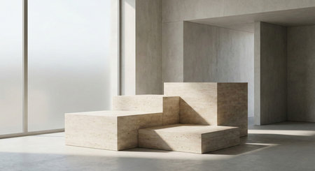 A three-tiered natural stone pedestal stands prominently in a minimalist concrete room, illuminated by soft light from a large frosted window. Ideal for product showcases.の素材