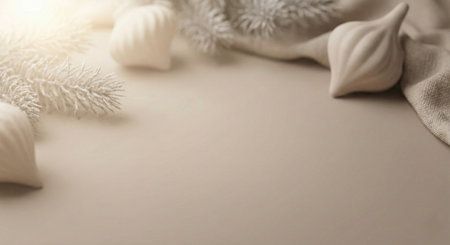 A minimalist and elegant backdrop featuring delicate white Christmas ornaments and frosted pine branches, set against a warm, neutral tone. Ideal for sophisticated holiday displays and product photography.の素材