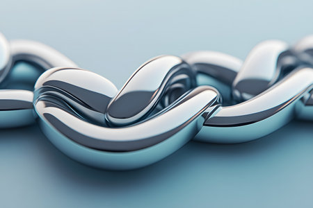 Extreme close-up of polished, interconnected metal chain links with a smooth, reflective surface. Evokes strength, connection, and industrial design.の素材