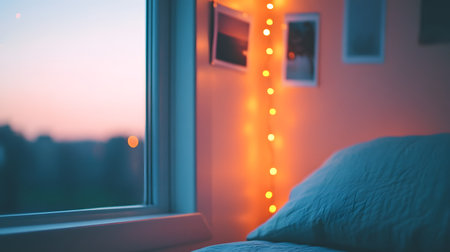 Soft sunset hues paint the sky outside a window, casting a warm glow on a pillow and illuminating string lights adorning a wall. Evokes peace, comfort, and a serene evening atmosphere.の素材