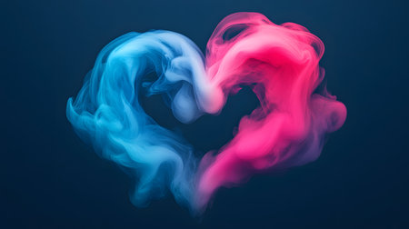 Two vibrant streams of blue and pink smoke elegantly intertwine and swirl, forming a perfect heart shape against a deep, dark blue background. The abstract, ethereal design evokes feelings of love, passion, and connection with a modern, artistic flair.の素材
