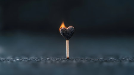 A single matchstick, crafted in the shape of a heart, ignites with a vibrant flame against a dark, moody, and out-of-focus background. This striking image represents intense passion, fleeting love, or the burning desire for connection.の素材