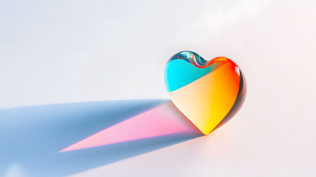 A luminous, multi-colored glass heart casts a vibrant, prismatic shadow on a clean white surface. This image evokes feelings of joy, hope, love, diversity, and the beauty of multifaceted emotions.の素材