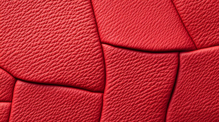 Abstract macro shot of a rich, vibrant red leather surface, showcasing its intricate grain and stitched geometric panels. The luxurious texture evokes a sense of premium quality and sophisticated design.の素材