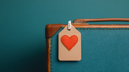 Close-up of a vintage teal suitcase corner featuring a rustic brown tag with a stitched red heart, symbolizing passion for journeys and cherished memories. Evokes nostalgia and wanderlust.の素材