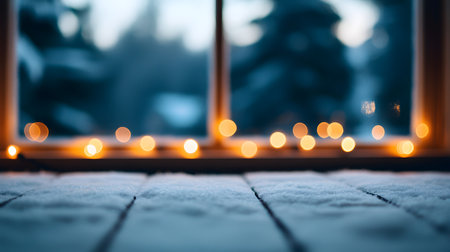 A warm and inviting winter scene viewed from inside, looking out a window. Snow-covered wooden planks in the foreground are illuminated by soft, glowing bokeh lights, creating a cozy, festive, and tranquil mood.の素材