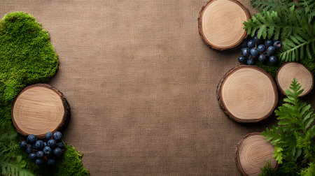 A serene flat lay composition featuring natural wood slices, fresh blueberries, vibrant moss, and delicate fern fronds. The textured burlap backdrop evokes a sense of organic, earthy tranquility, perfect for natural product displays or seasonal themes.の素材