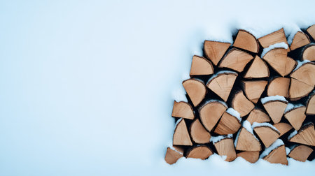 A neatly stacked pile of cut firewood, showcasing the natural wood grain and texture, lightly dusted with fresh, white snow. Conveys a sense of rustic charm, winter preparedness, and cozy warmth for cold weather.の素材