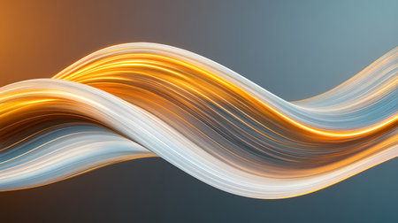 A dynamic abstract visualization featuring a luminous golden wave of light gracefully flowing against a cool gradient background. The energetic curves suggest motion and innovation, perfect for technology or creative concepts.の素材