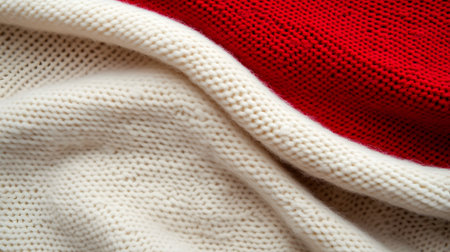A detailed close up of soft knitted fabric in warm white and vibrant red creating a cozy and inviting texture. The interwoven threads form a pleasing pattern perfect for winter or holiday themes.の素材