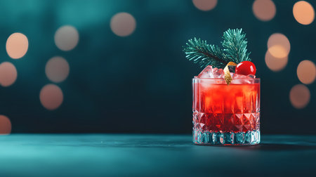 A vibrant red holiday cocktail garnished with a pine sprig and cherry sits on a dark surface with soft glowing bokeh lights in the background creating a warm inviting festive mood for seasonal celebrations and parties.の素材