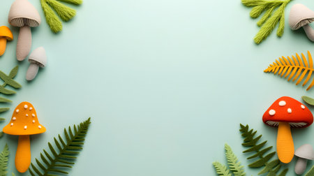 A vibrant and playful arrangement of colorful felt mushrooms and lush green foliage forms a decorative border. Delicate ferns and bright butterflies add a touch of enchantment to this charming scene ideal for spring or nature themed designs.の素材