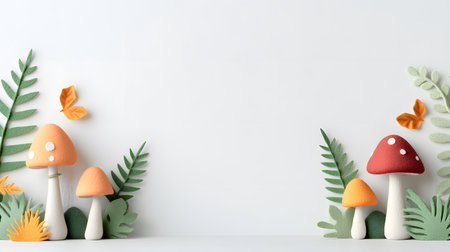 Charming handmade clay mushrooms and foliage create a delightful woodland border. Gentle butterflies flutter amidst green ferns and orange leaves, evoking a playful and magical atmosphere perfect for childrens themes.の素材