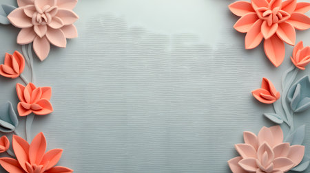 Vibrant coral and soft pink floral elements with subtle blue accents create an artistic frame on a light textured background ideal for creative designsの素材