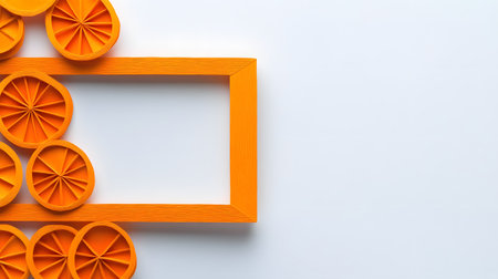 Quilled orange slices artfully arranged around an orange frame on a clean white background ideal for creative design and product displaysの素材