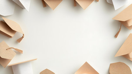 Minimalist graduation caps arranged in a border on a clean white background perfect for academic announcements and celebratory designsの素材