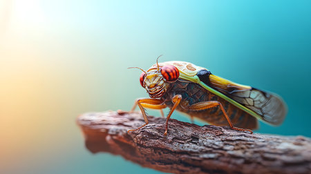 A detailed macro photograph captures a cicada resting on a textured branch against a soft blue and yellow gradient background The vibrant colors and sharp focus highlight the intriの素材