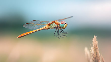 An incredibly detailed dragonfly is captured in sharp focus, showcasing its intricate wings and vibrant body The bright, clear lighting highlights its textures and colors, ideal foの素材