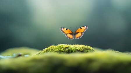 A vibrant orange butterfly hovers gracefully above a mosscovered mound. The soft focus background creates a serene and magical atmosphere.の素材
