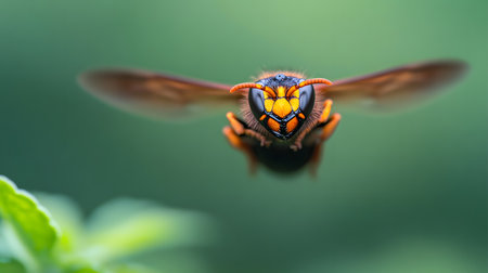 An intense extreme closeup shows a hornet or wasp in flight, its face filling the frame with striking detail The sharp focus and blurred green background convey a powerful, potentiの素材