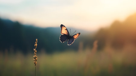 A lone butterfly gracefully soars through a golden sunset. The warm light illuminates its delicate wings against a soft, blurred natural background.の素材