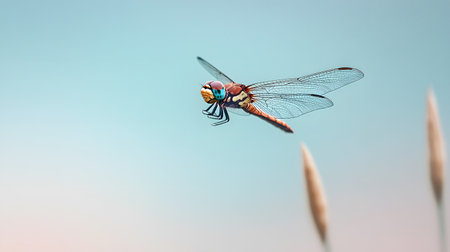 A detailed dragonfly with iridescent wings hovers gracefully against a serene, pastel sky The shallow depth of field and soft lighting evoke a sense of tranquility and natural beauの素材