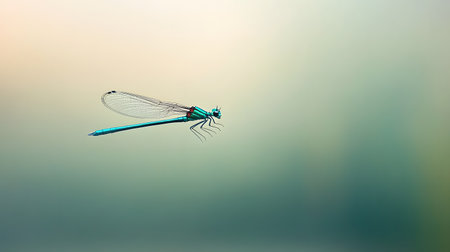 A delicate blue dragonfly with transparent wings hovers against a soft, blurred background.の素材