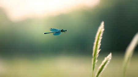 A delicate blue dragonfly with translucent wings hovers in midair near a blade of grass. The soft, diffused light creates a tranquil and ethereal mood.の素材