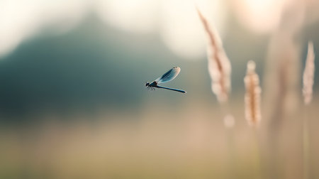 A delicate dragonfly hovers mid air with its wings spread The soft bokeh background creates a serene and peaceful mood perfect for nature or wellness contentの素材