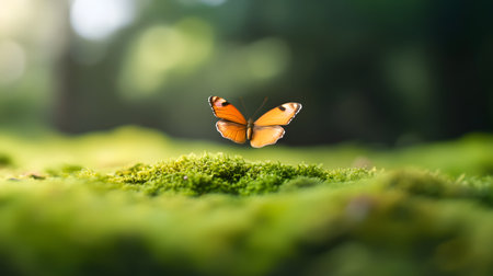 An orange butterfly is captured in midair above a vibrant mossy ground, bathed in soft sunlight This image conveys a sense of tranquility and natural beauty, ideal for ecological oの素材