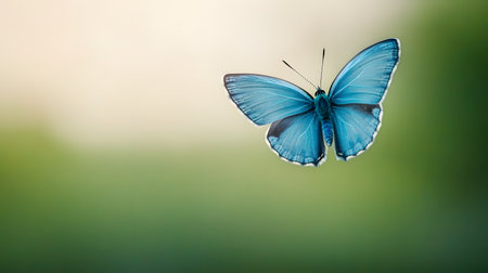 A beautiful blue butterfly gracefully takes flight against a soft, blurred background of green and beige. The image conveys a sense of freedom and the ephemeral beauty of nature.の素材