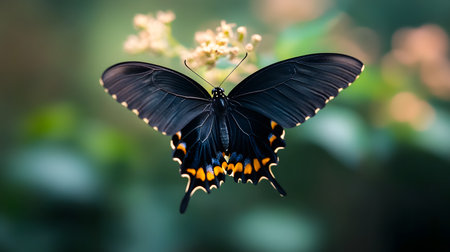 A striking black butterfly with iridescent blue and orange markings on its wings is captured midflight. Its delicate wings are spread wide against a soft, blurred background.の素材