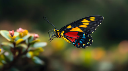 A vibrant butterfly with striking yellow, red, and blue markings hovers near a cluster of small pink flowers.の素材