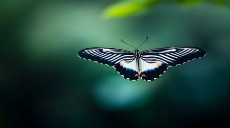 A striking black and white butterfly soars through the air with its wings spread wide. The soft green background creates a serene and natural atmosphere.の素材