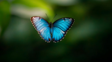 A stunning blue morpho butterfly is captured in flight with its wings fully spread. The deep green background emphasizes its brilliant iridescent blue coloration.の素材