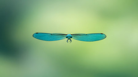 A striking blue dragonfly is presented in a perfect horizontal composition, showcasing its intricate, translucent wings.の素材