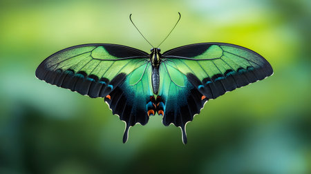 A vibrant emerald green butterfly displays its intricate wing patterns. The soft green bokeh background enhances its stunning beauty.の素材