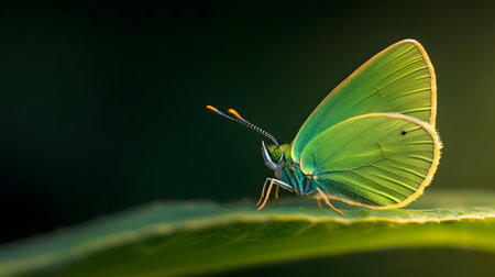 A striking green butterfly rests on a dewy leaf, its wings illuminated by soft sunlight. The macro perspective reveals intricate details and a serene natural setting.の素材